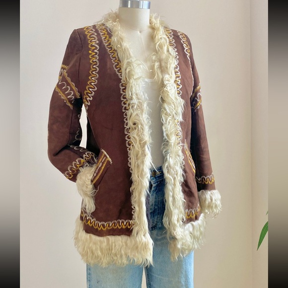 Vintage 1960s 1970s Afghan Penny Lane Shearling Suede Fur Trim Embroidered Coat - Picture 2 of 5